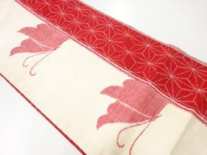アンティーク　手織り紬縞に麻の葉・蝶模様織出し名古屋帯（材料）